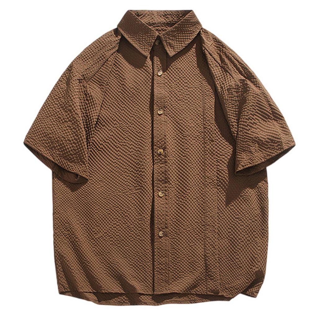 Men's Summer Pleated Seersucker Short-sleeved Shirt Light Shirt Cardigan Shirt