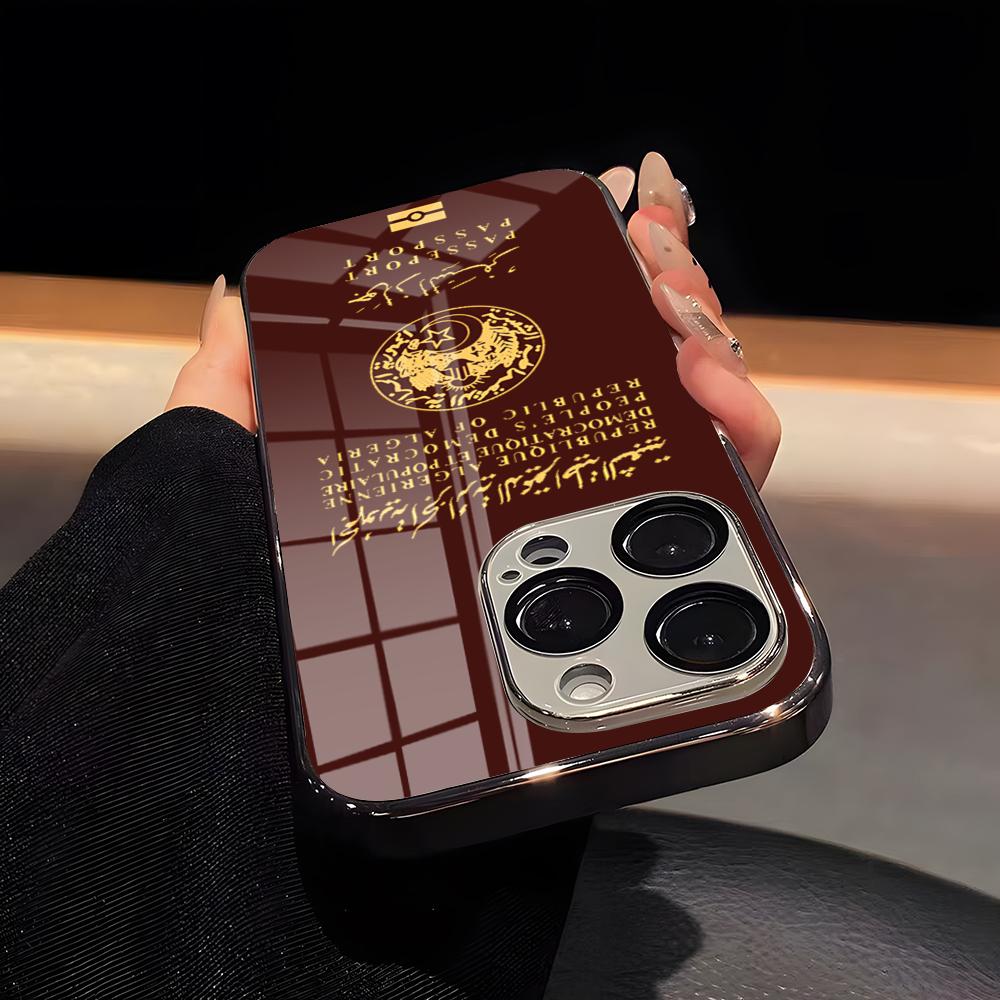 Algeria Passport Phone Case Luxury Glass Phone Case For IPhone 17 16 15 14 13 12 11 Pro Max Plating Frame Cover