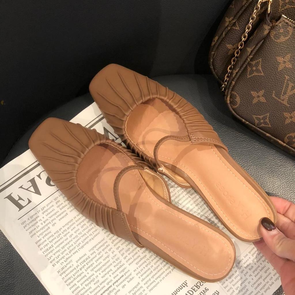 Fashion 2024 Solid Leather Sandals Woman Ruffles Mules Elastic Band Square Toe Slippers Home Flip Flops Low Heels Pleated Slides Shoes