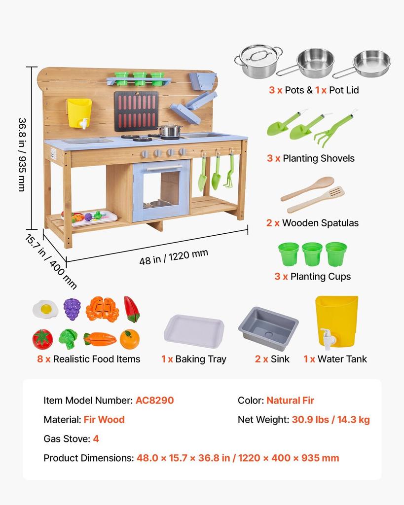 Mud Kitchen, Outdoor Mud Kitchen for Kids, Wood Outdoor Play Kitchens with Stoves, Hooks, Double Sinks, Planting Shovels, Spatulas, Cookware Pots and
