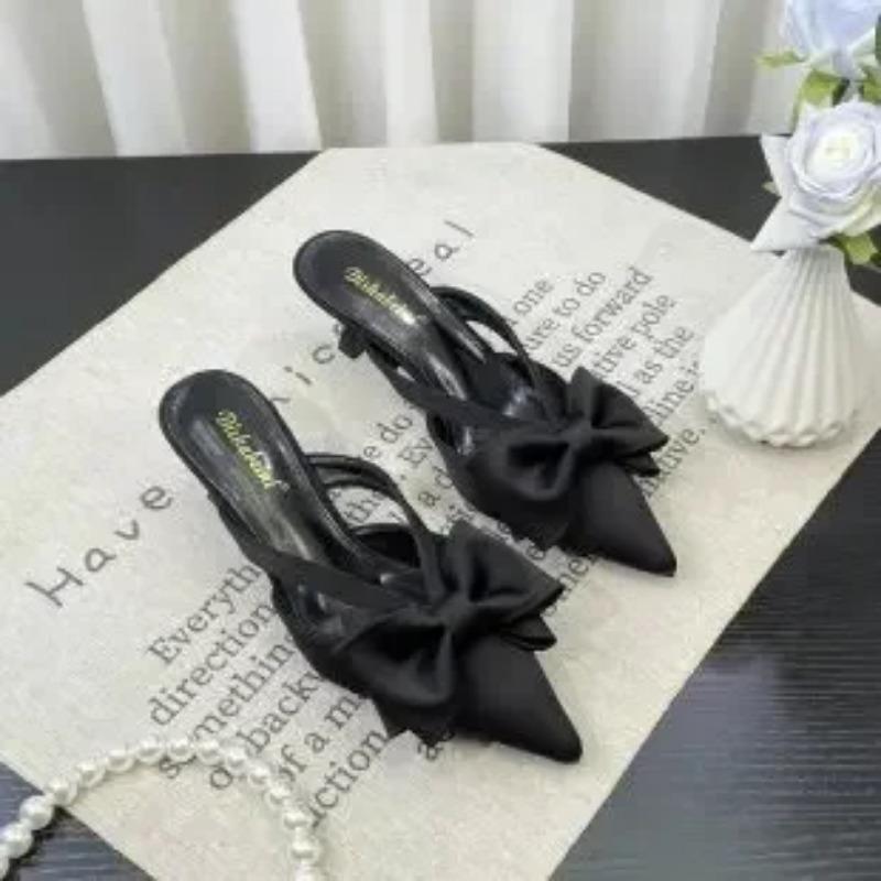 Fairy Style Pink Cool Slippers for Women's Summer  French Pointed Bow Hollow High Heels, Half Wrapped Women's Slippers