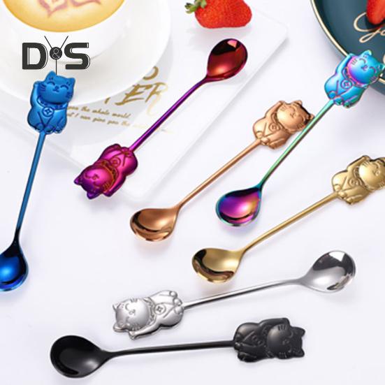 Stainless Steel Mirror Polished Spoon Ergonomic High Temperature Resistant Lucky Cat Tea Scoop Party Decor