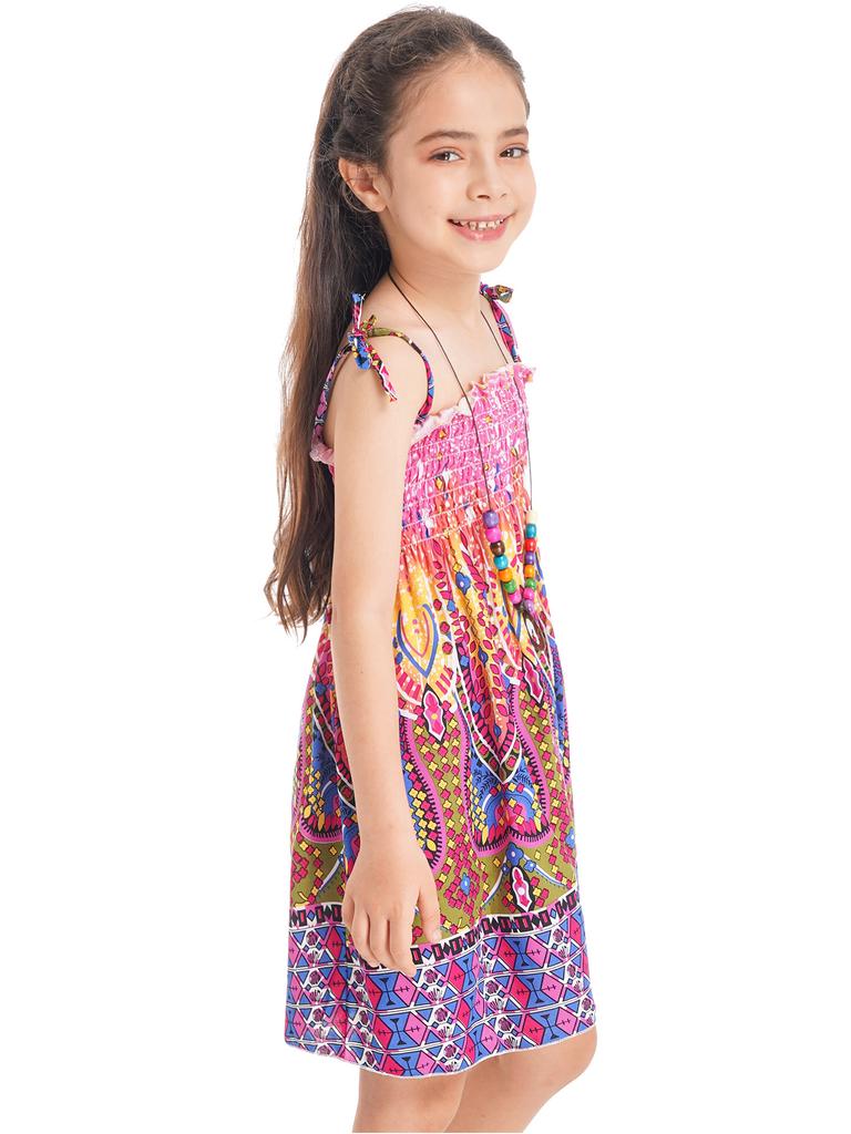 Girls Bohemian Beach Dress Off Shoulder Floral Sleeveless Rainbow Straps Suspender Dress with Necklace Summer Outfit