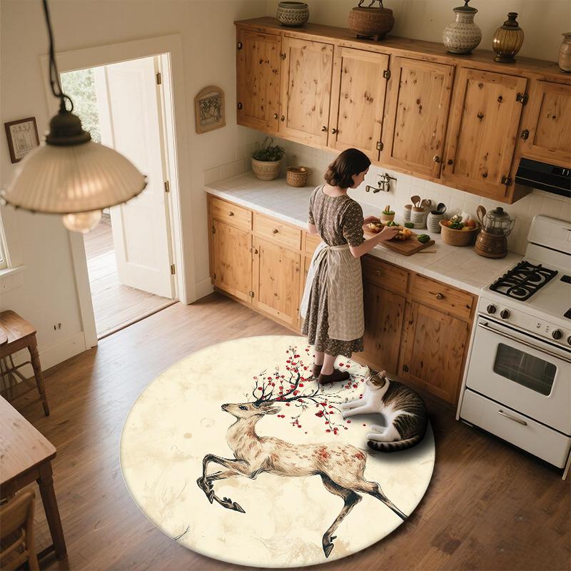 Laufendes Reh,Runder Teppich,Teppich für Wohnzimmer Schlafzimmer Sofa Spielzimmer Dekor,Rutschfeste Fußmatte