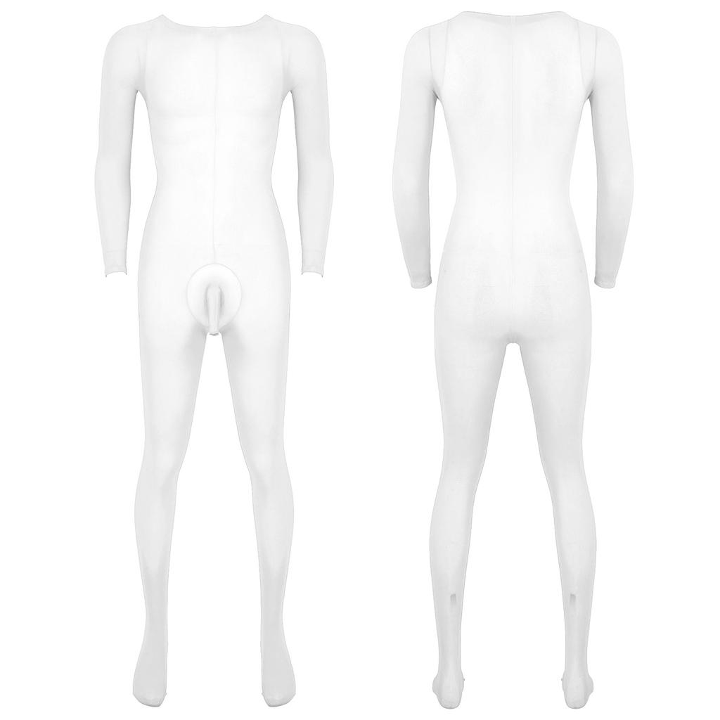 Mens Solid Color Bodystocking Long Sleeve Stretchy Bodysuit with Bulge Pouch Nightwear Underwear