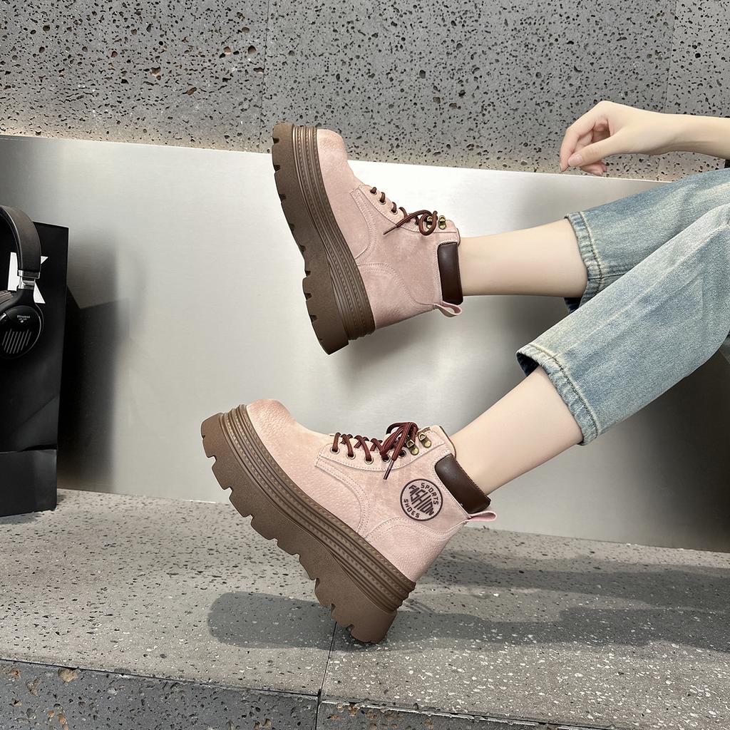 Leather platform Martin boots women's 2025 new autumn and winter retro British style big yellow boots short boots versatile lace-up single boots