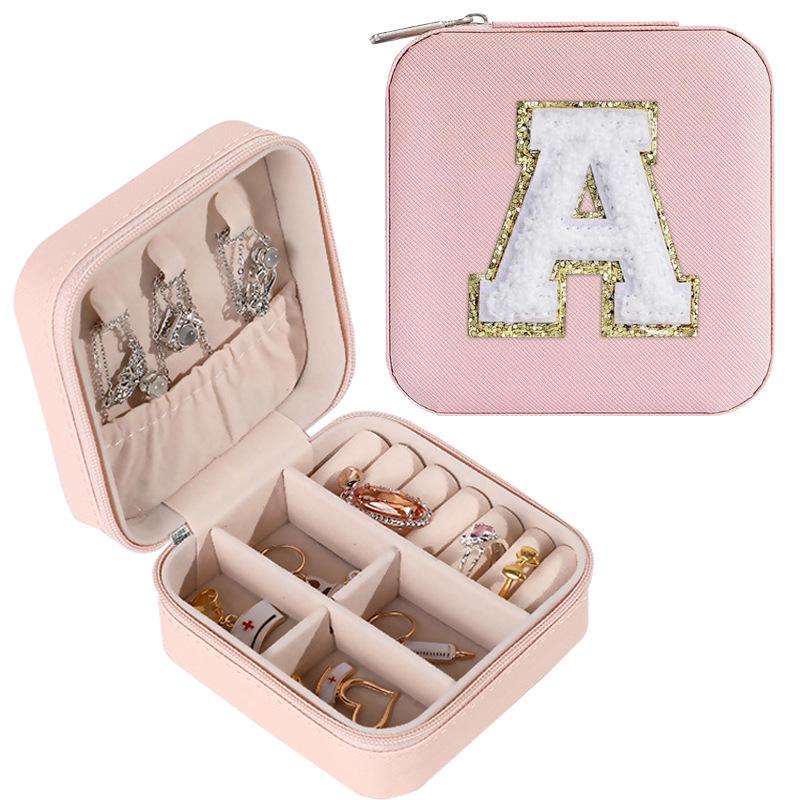 Large Capacity Jewelry Box for Stud Earrings and Rings - Portable Leather Storage with Letter Design