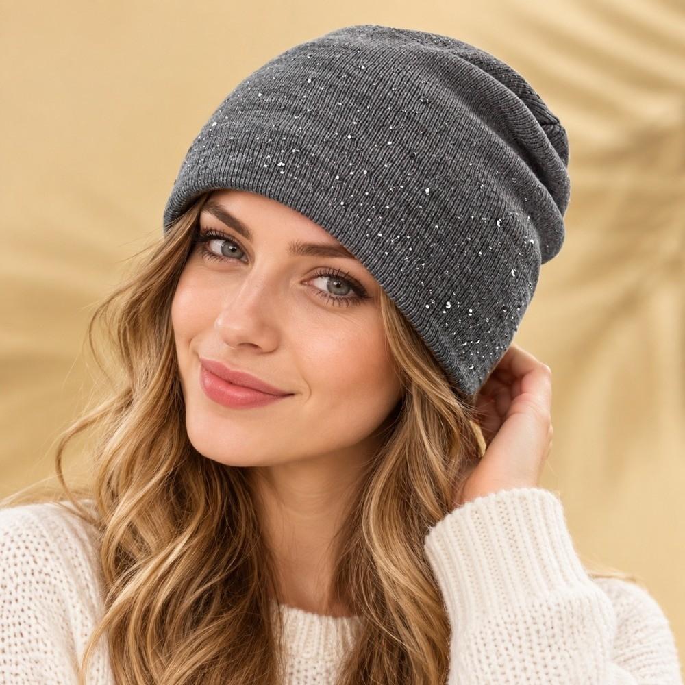 Shiny Rhinestone Decor Pullover Beanie Coldproof Winter Fall Hat Knitted Hat Daily Winter Wear