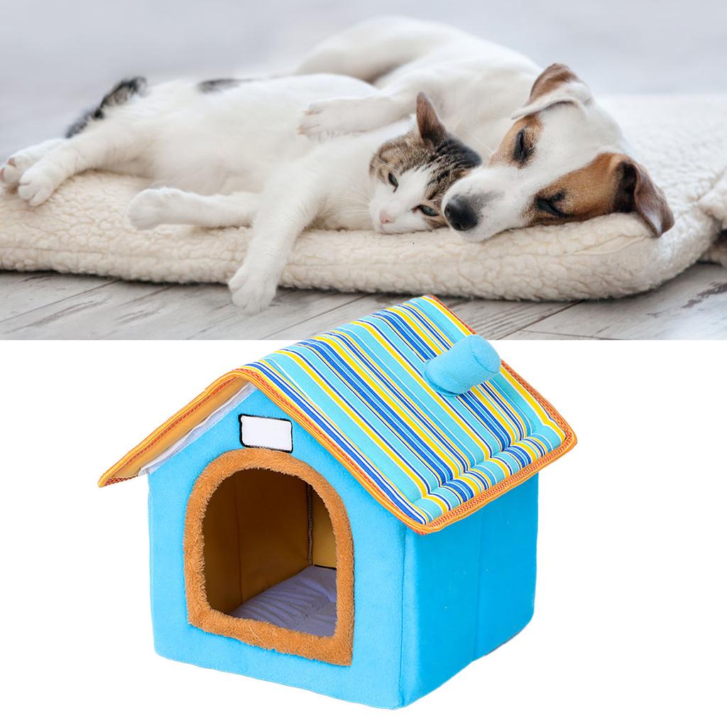 Winter Pet Bed House with Removable Pad Washable Cute Comfortable Warm Pet Bed House for Dogs and Cats Blue