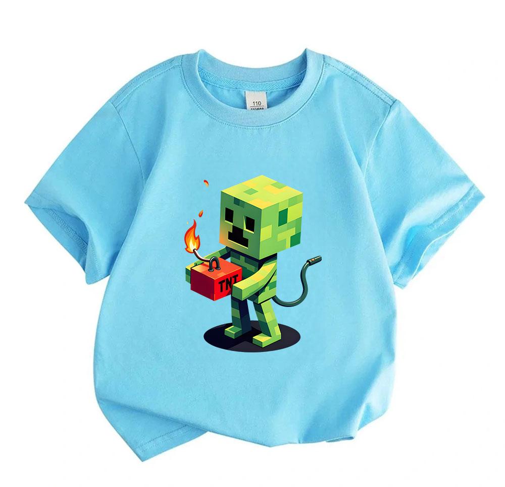 Kids Boys Girls 100% Cotton Crew Neck Short Sleeve T-Shirt, Funny Pixel Green Game Creeper Hold TNT Print Casual Soft Tee Tops for Children Daily Wear