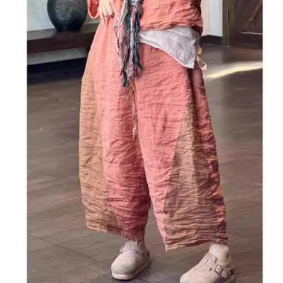 Women Vintage Patchwork Color Wide Leg Pants Elastic Waist Trousers Summer Casual Calf-length Pants