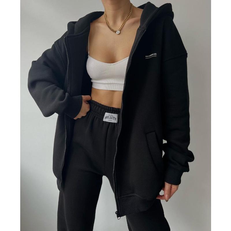 Damen Langarm Fleece Bedrucktes Kapuzensweatshirt und Lässige Hose Zweiteiliges Set