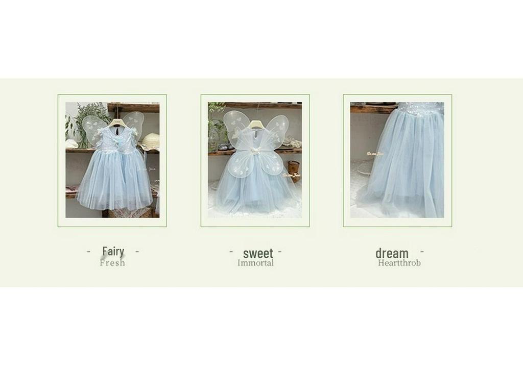 Size S/M/L 26 Summer Blue Princess Puffy Dress with Small Wings - Girls' Formal Birthday Dress
