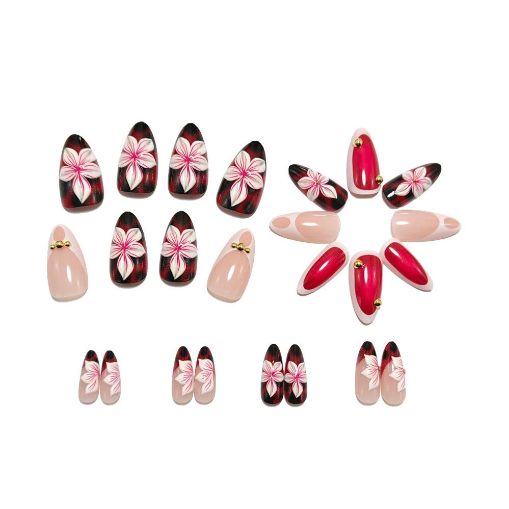 3D Pink Flower Leopard Print Almond Medium-Long French Wearable Nail Tips