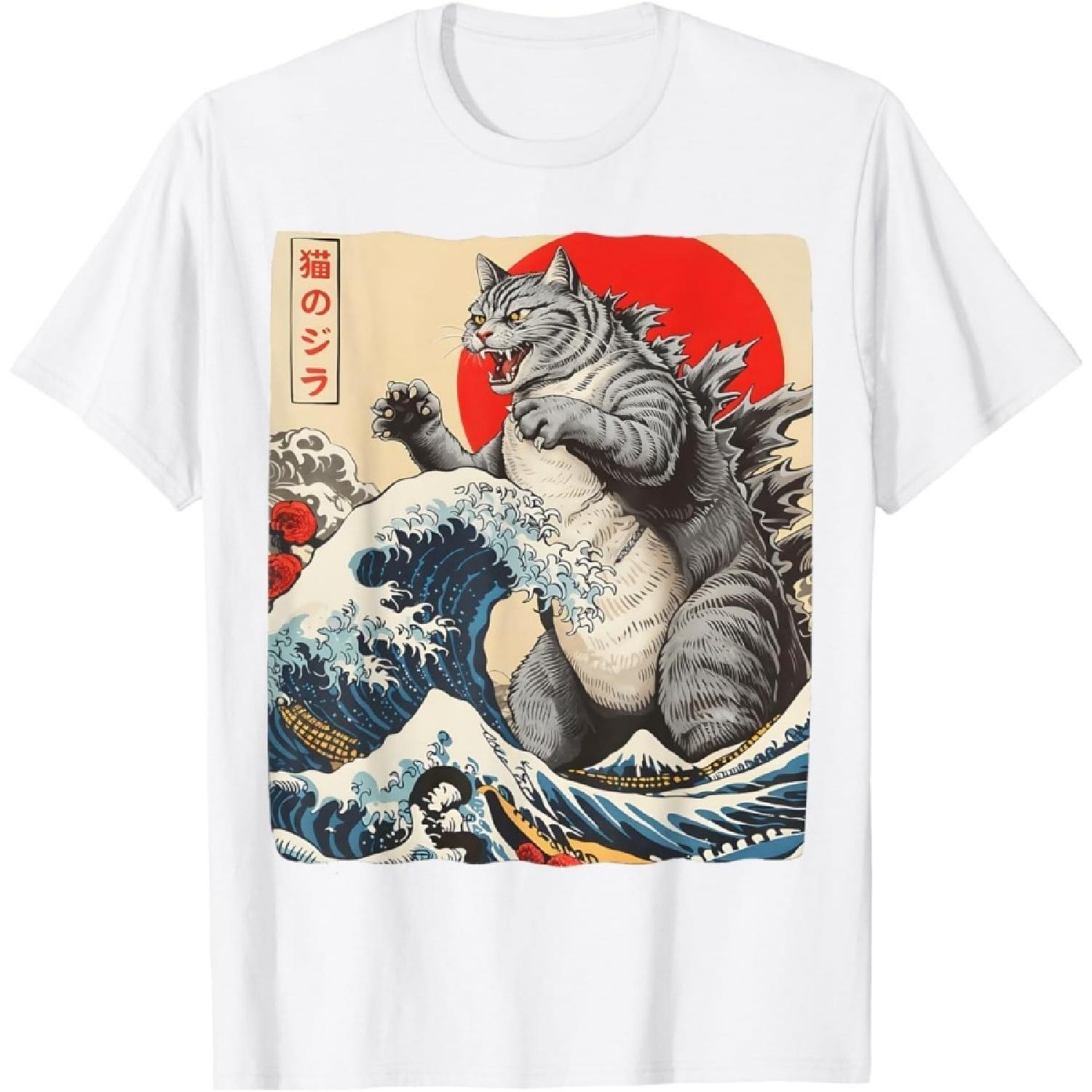 Catzilla Cat Japanese Art Funny Cat Gifts for Men Women Kids T-Shirt S