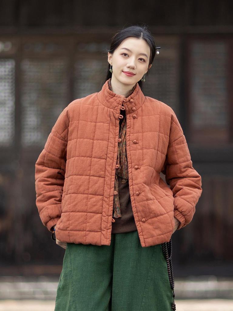 Women's Winter Quilted Plaid Stand Collar Coat - Chinese Retro Style