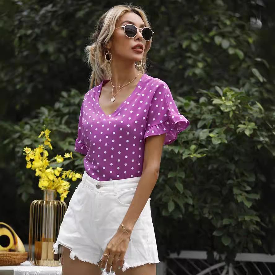 Women's Summer Polka Dot V-Neck Short Sleeve T-Shirt Top