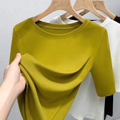 Mid-sleeved T-shirt for Women's Summer New Women's Round Neck Solid Color Cotton T-shirt Temperament Five-point Sleeve Top