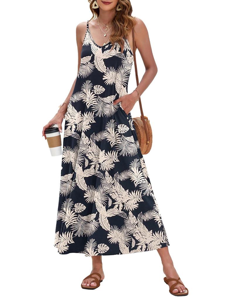 2026 Elegant European & American Spaghetti Strap Long Printed Dress with Pockets