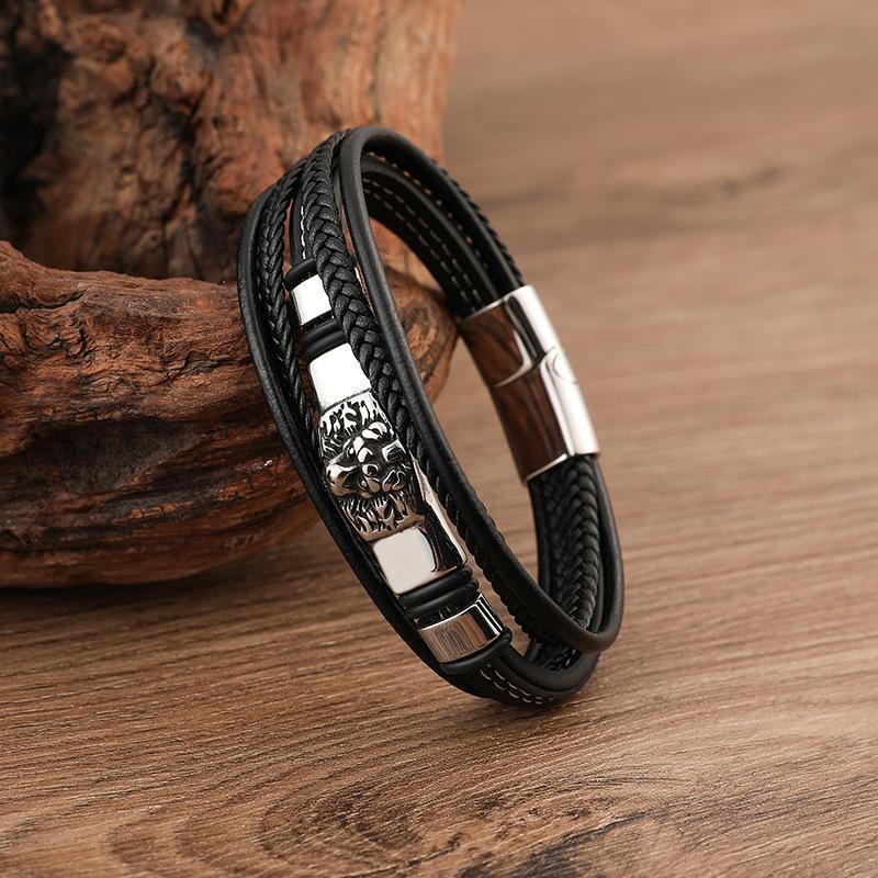 Men's Multi-layer Woven Leather Bracelet, European and American Punk Stainless Steel Lion Head Bracelet, Men's Leather Rope Bracelet.