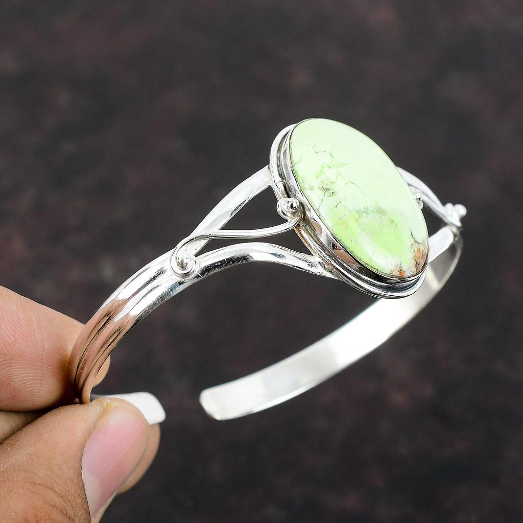 Lemon Chrysoprase Cuff Bracelet Genuine Gemstone Bangle 925 Sterling Silver Adjustable Cuff Bangle Beautiful Handmade Women Jewelry For Gift