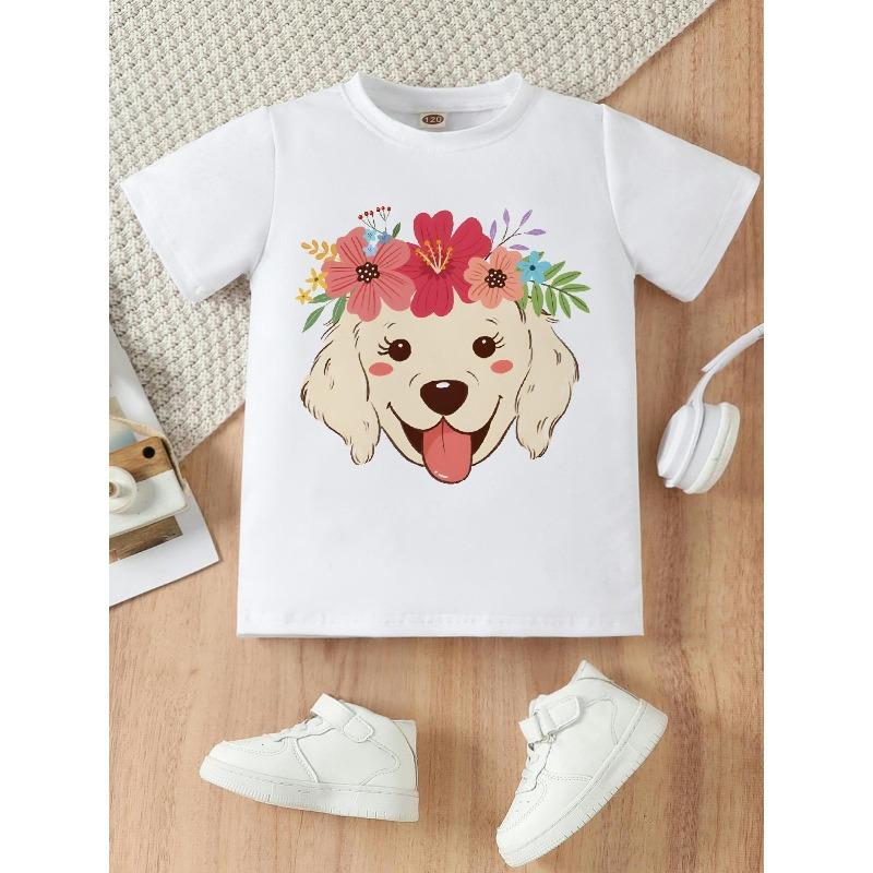 European sizes This Cartoon-Style Girls' T-Shirt Features a Cute Print of a Puppy Wearing a Flower Wreath; Designed with a Round Neckline