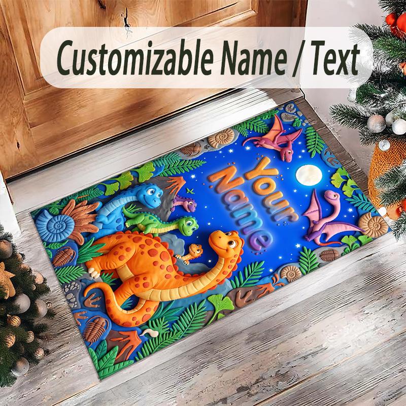 Dinosaur Theme Crystal Velvet Rug Personalized Custom Name Text Soft Floor Mat Home Decor