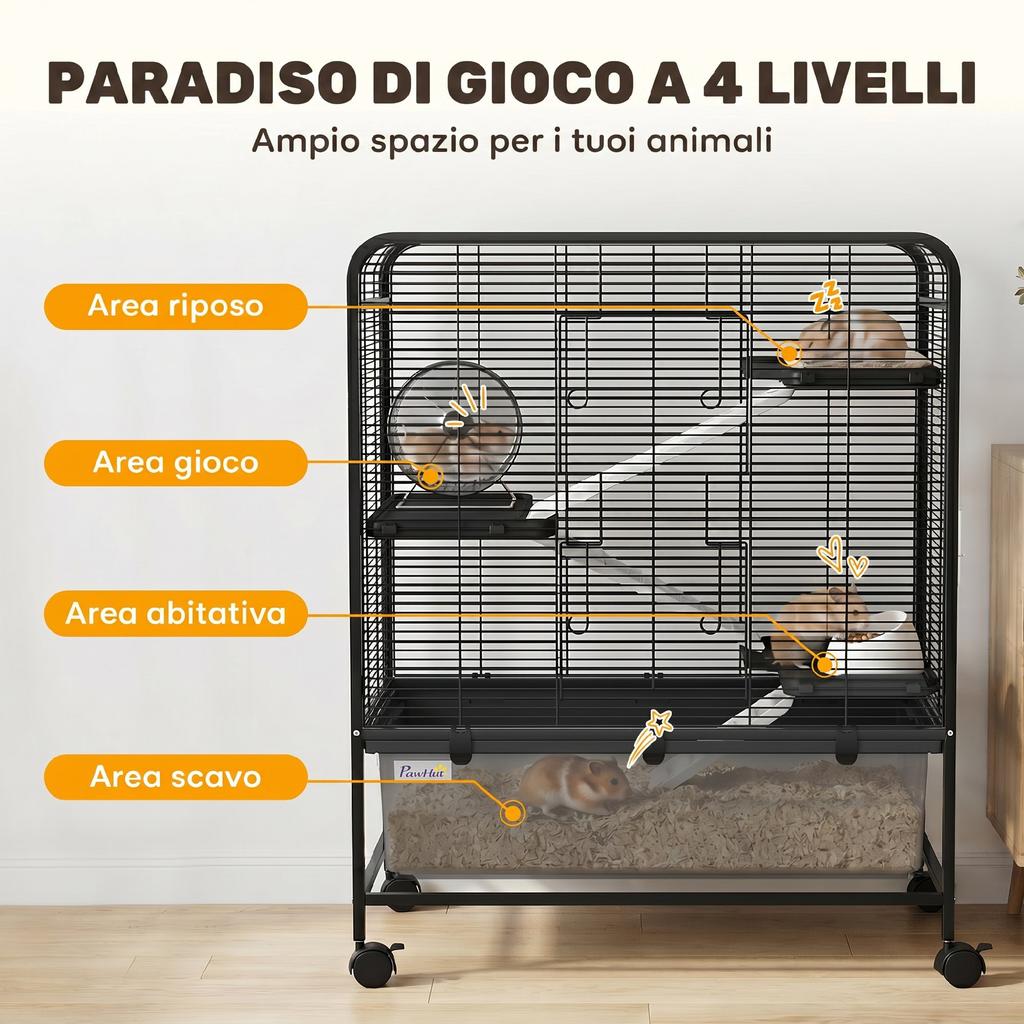 4-Tier Steel Rabbit Cage with Platforms, Ramps, Wheels, Water Tank and Removable Tray, Black