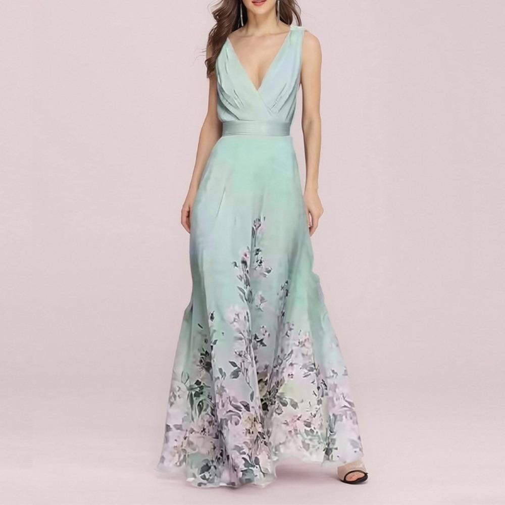 Women's V Neck Sleeveless Maxi Dress Slim High Waist Elegant Floral Print A-Line Dress Chiffon Formal Evening Gown
