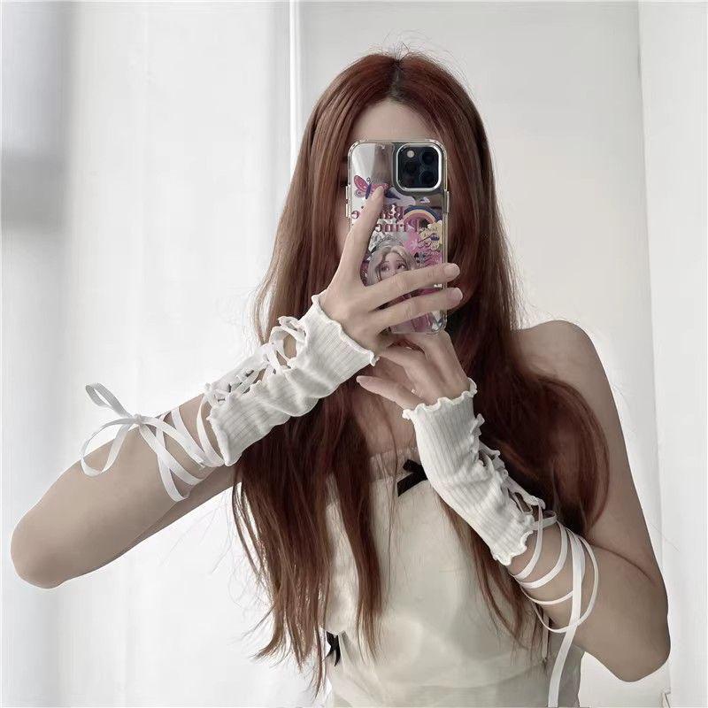 Women Strapping Lace Fingerless Sexy Arm Sleeves DIY Lace-up Sunscreen Gloves Elastic Mesh Punk Gloves Clothing Accessories