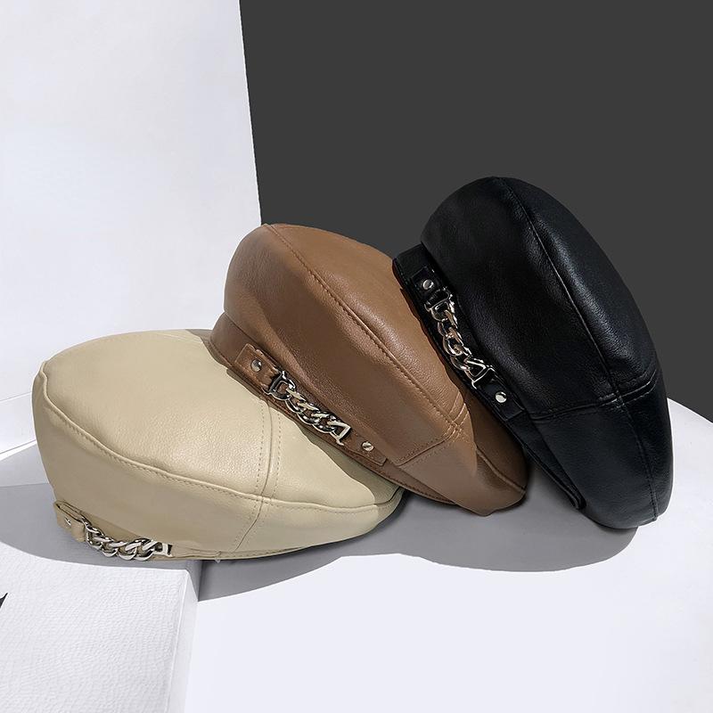 Vintage Women's PU Leather Beret Cap with Chain French Artist Style Warm Beanie Hat Adjustable All-Match Female Ladies Accessory
