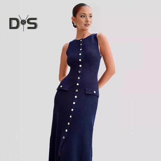 Letní dámské šaty Pletené pouzdro Slim Fit Jednobarevné Kulatý výstřih Elastické Bez rukávů Jednořadové knoflíky Délka do půli lýtek Midi šaty