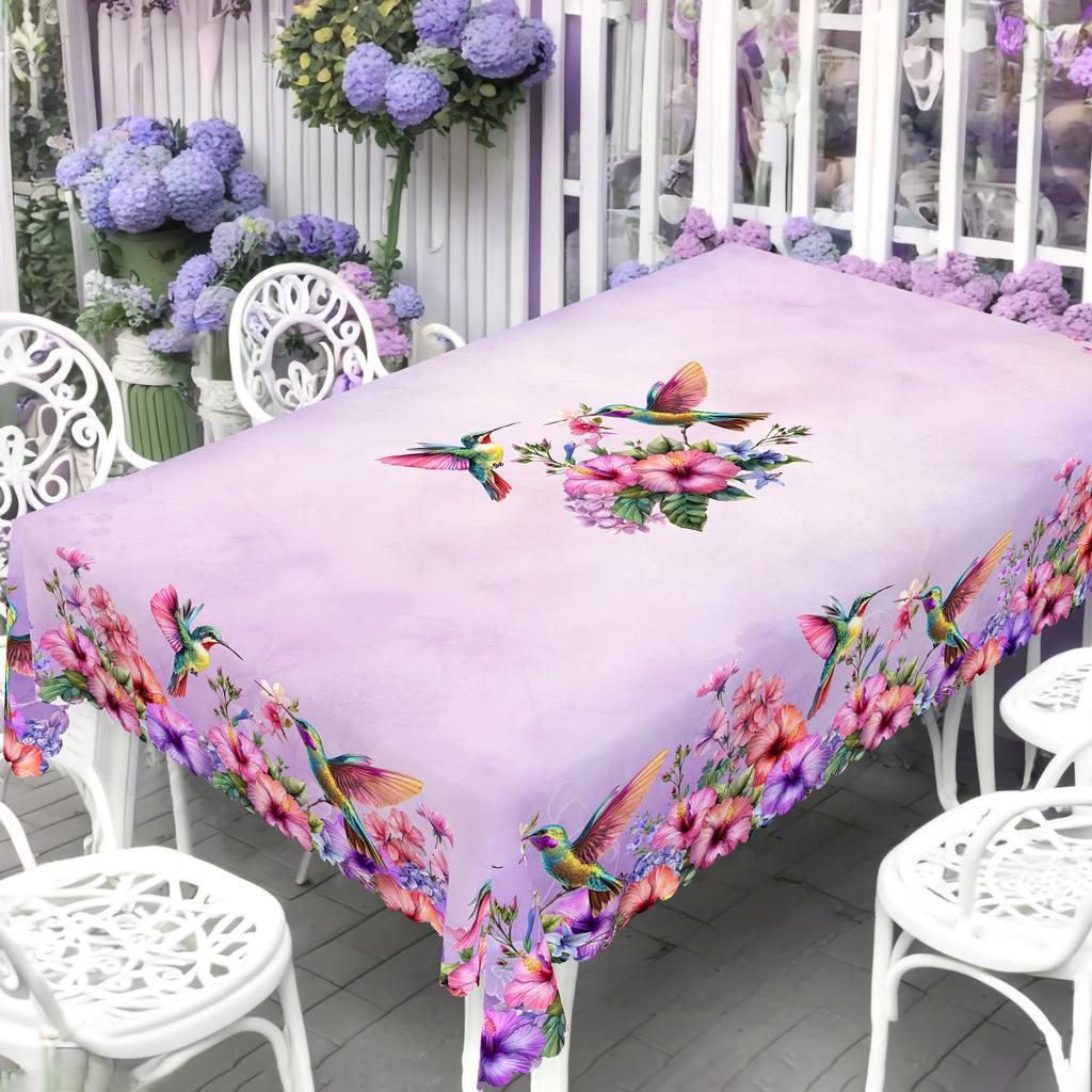 1 Stück Frühling Ostern Lila Blume und Vogel Druck Rechteckige Tischdecke, Kolibri, Blumenmuster Runde Tischdecke, Feiertagsparty Tischdecke,