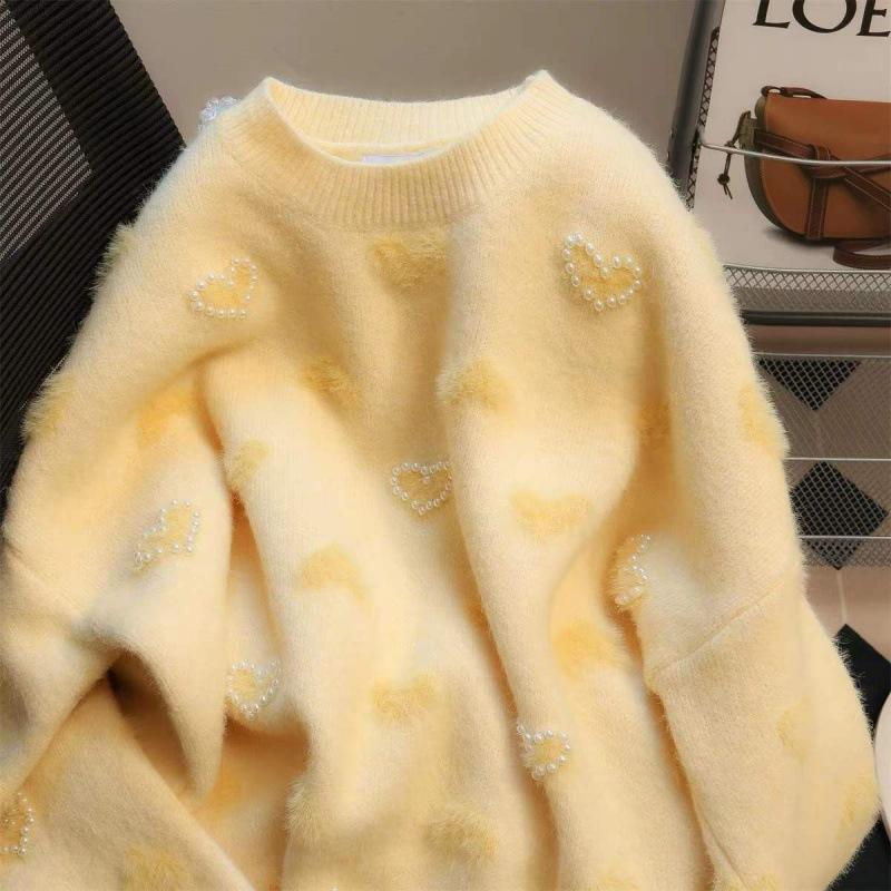 Sweet Love Bead Sweater Women's 2025 Autumn and Winter New Loose Round Neck Design Knitted Sweater Women's Top