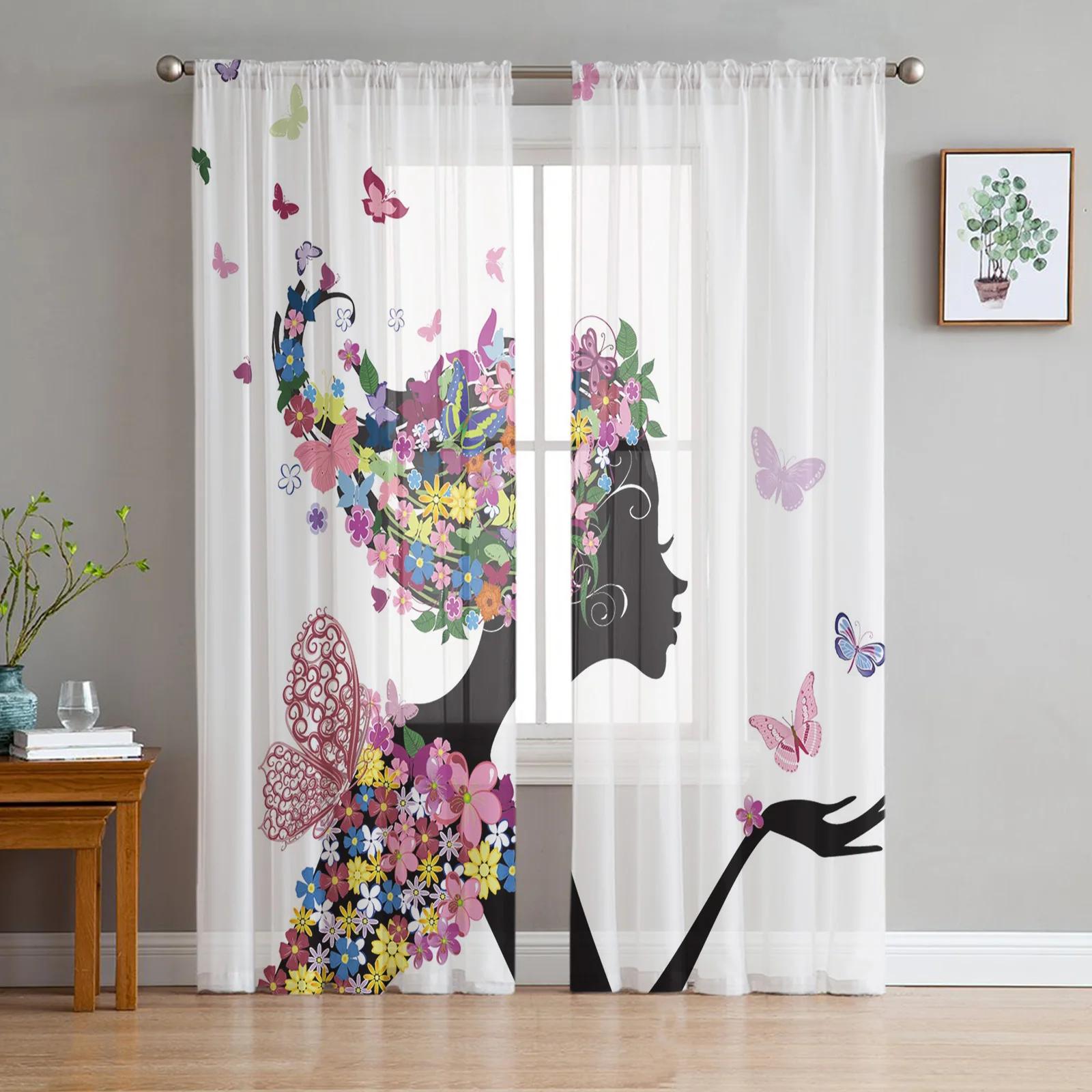 

Бабочка для девочек, велосипед, цветок, розовый, белый, шифон, прозрачные шторы для гостиной, спальни, украшение, вуаль, тюлевая занавеска W135 x H115cm x1&Grommet Top