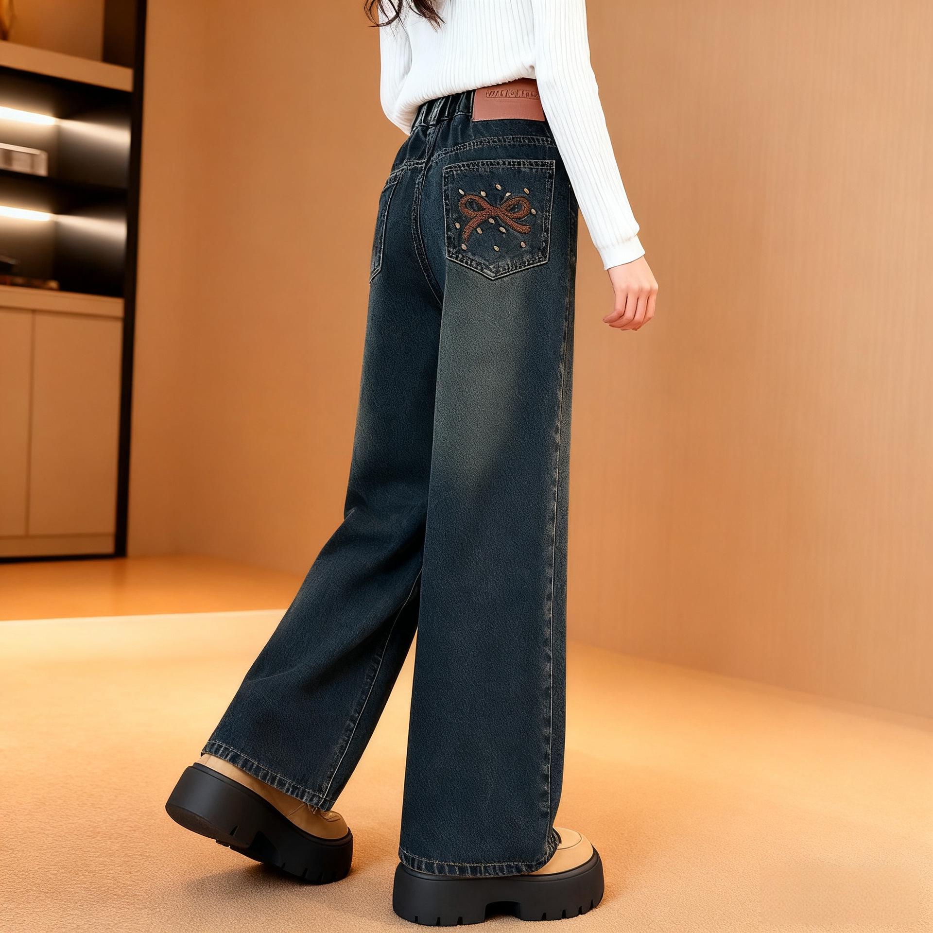 Girls Winter One-Piece Plush Denim Pants - Stylish Korean Narrow/Wide Leg Design 170cm
