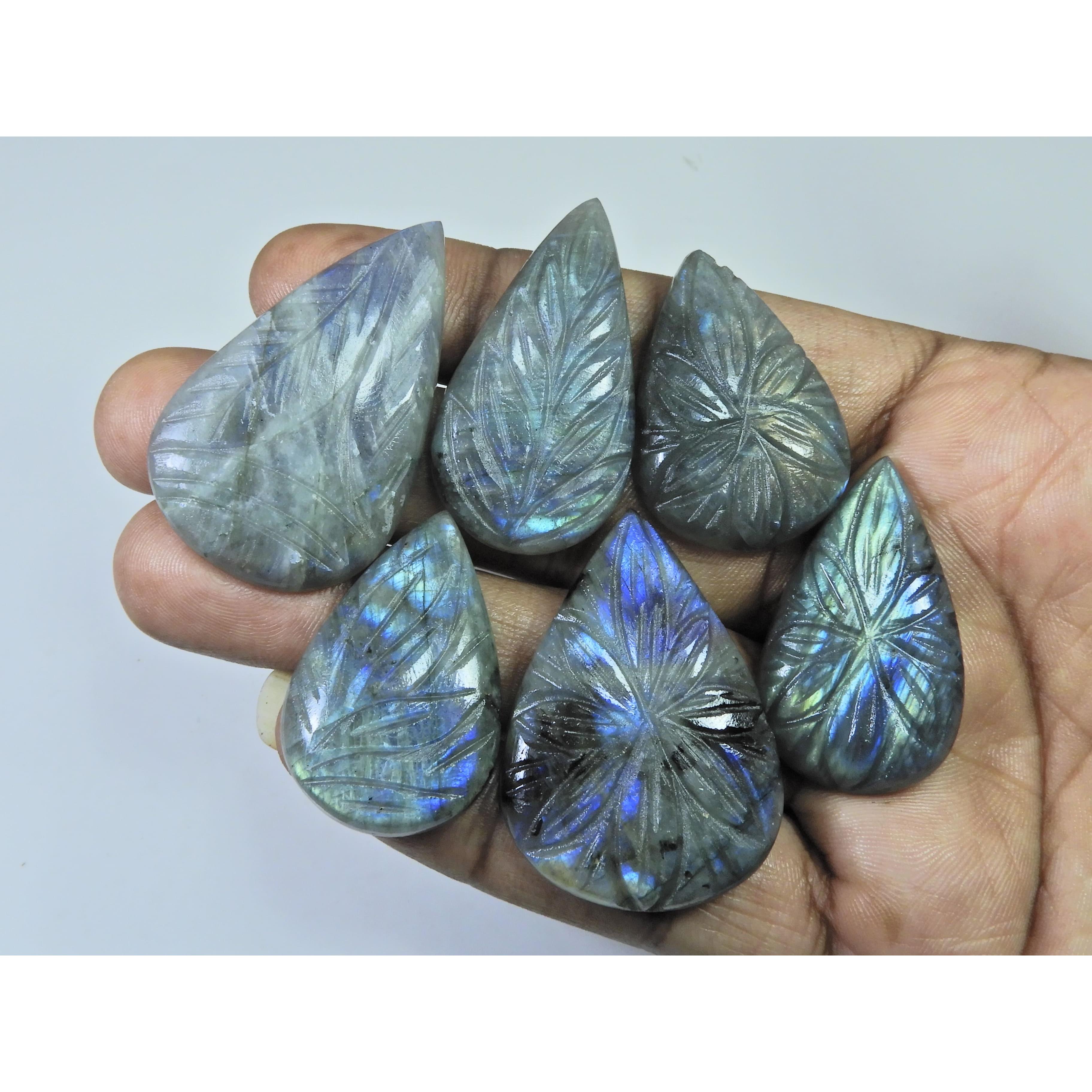 

279 Карат. Натуральний Лабрадорит Різьба Кабошон Груша Розсипний Дорогоцінний Камінь Лот 6 Шт. LL-1037