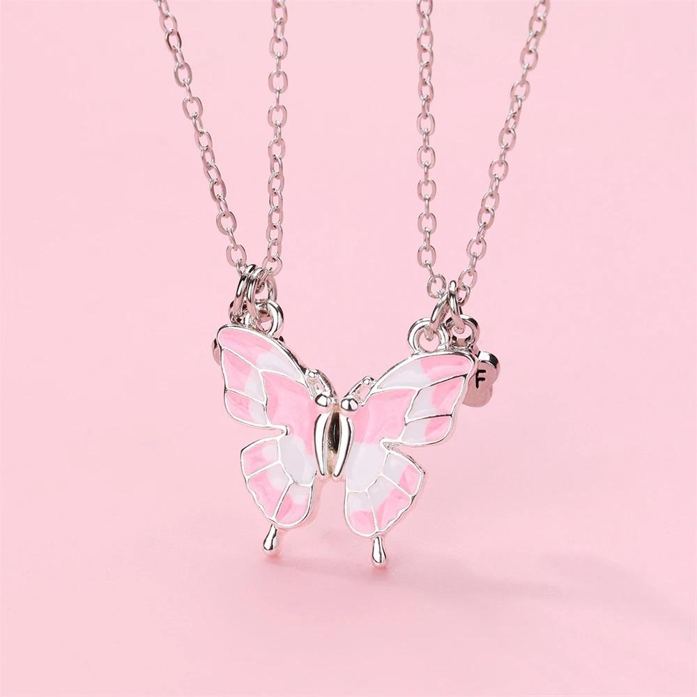 2PCS/Set Beautiful Butterfly Pendant Necklaces Best Friends Couple Magnet Choker Vintage Chain Lover Fashion Party Jewelry Gifts