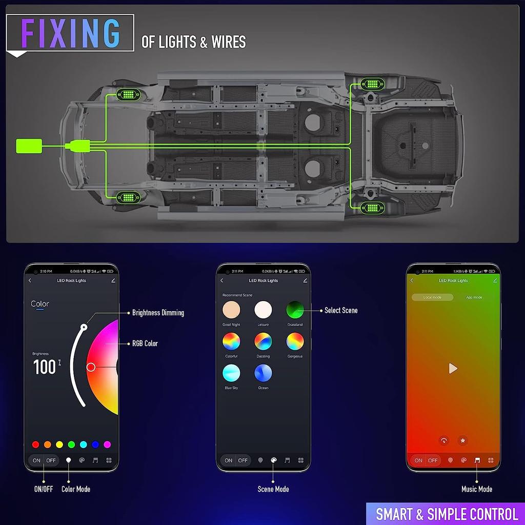 RGB LED Rock Lights 4/6/8/10/12/14 pods APP Control Music Neon Car Underglow Chassis Light for Offroad Truck SUV Rock Lights