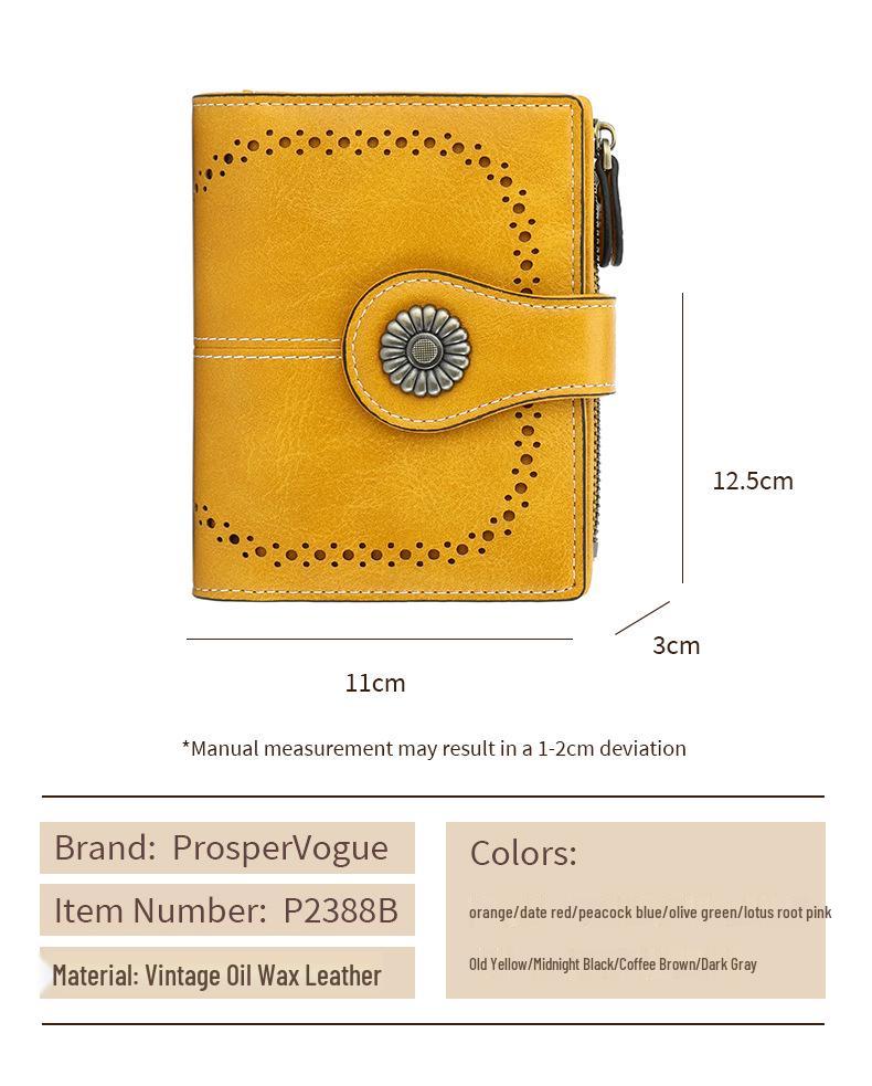 Portafoglio da Donna RFID Anti-Magnetico - Corto in Pelle Retro Olio Cera Europea & Americana, Portamonete Multi-Scomparti per Carte.
