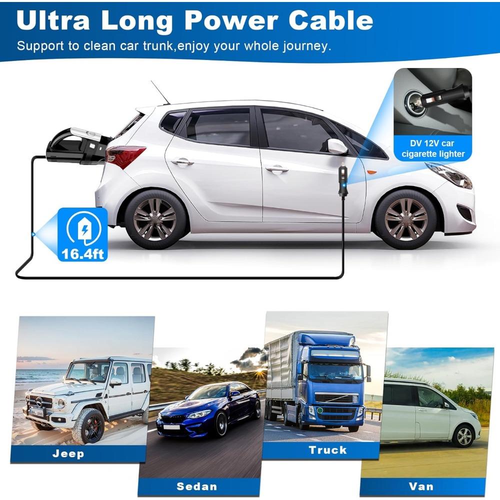 Car Vacuum, Portable Vacuum Cleaner with Powerful 7000PA Suction, DC 12V Power 16.4Ft Cord Vacuum Cleaner, LED Light, 0.33L Capa