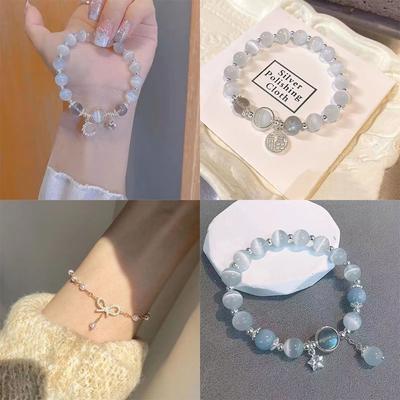 Glänzendes Kristall-Schleifenknoten-Perlenarmband Opalstein Damenschmuck Sommer-Dekoration Elastisches Seil
