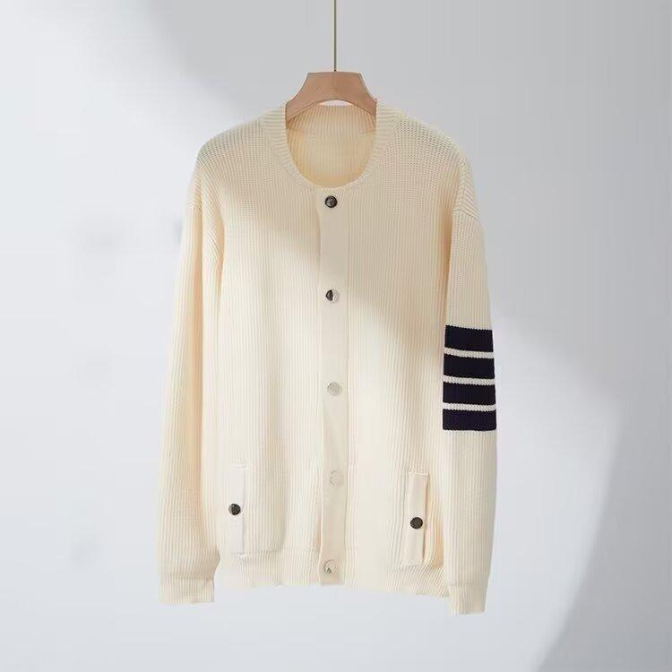 Grey Baseball Collar Knitted Sweater Jacket Men's Autumn and Winter Wear High-end Top Trendy Brand Loose Striped Cardigan Sweater