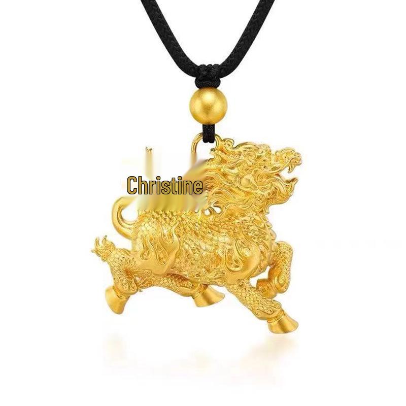 Gold Sand Fire Kirin Pendant: Auspicious Lucky Bead Charm with Matte Finish On Black Rope Jewelry.