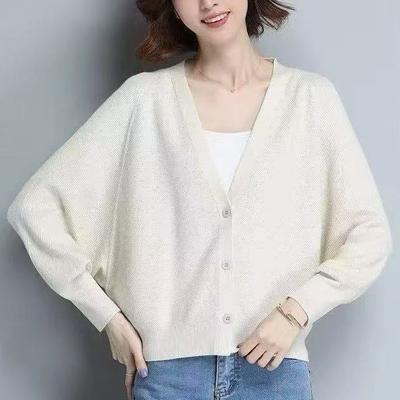 Fashion Spring and Autumn V-neck Cardigan Jacket Women's Short Versatile Loose and Thin Bat Sleeves with Long-sleeved Knitted Top