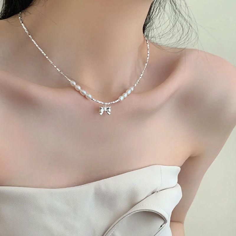 Broken Silver Pearl Bow Necklace Women's Light Luxury Versatile Cold Wind Niche High-end Collarbone Chain Jewelry