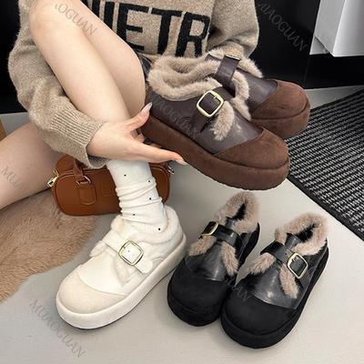 Herbst Winter Warme Plateau Loafer mit Fellfutter für Damen Lässige Patchwork Warme Baumwollschuhe Flache Sohle Gepolsterte Damen Sneaker