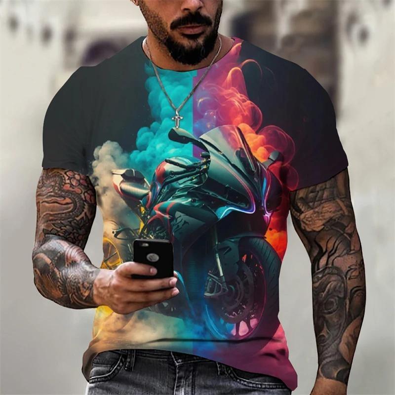 Men's Motorcycle Pattern T-shirt 3D Printed Round Neck T-shirt Casual Loose Men Quick Drying Breathable Comfortable