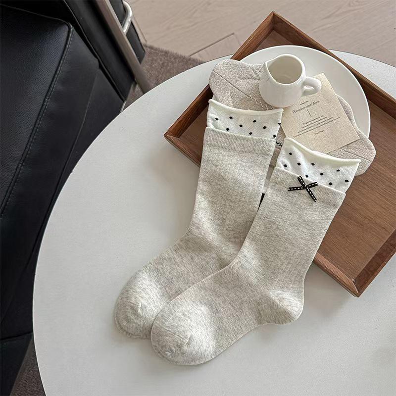 Spring & Summer Ballet Polka Dot Mid-Calf Ruffled Socks with Double Ribbed Cuff and Bowknot - White Seamless Long Socks One Size