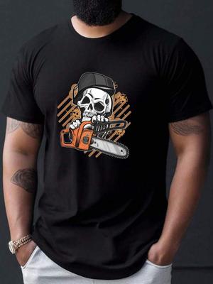 Hollow And Chainsaw Print T-Shirt,Unisex's T-Shirt, Summer Casual Short-Sleeved T-Shirt